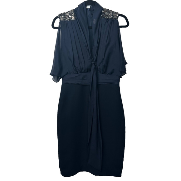 Badgley Mischka Dresses & Skirts - Badgley Mischka Size 8 Modest 100% Silk Beaded Neck Caftan Dress Navy Midi A40